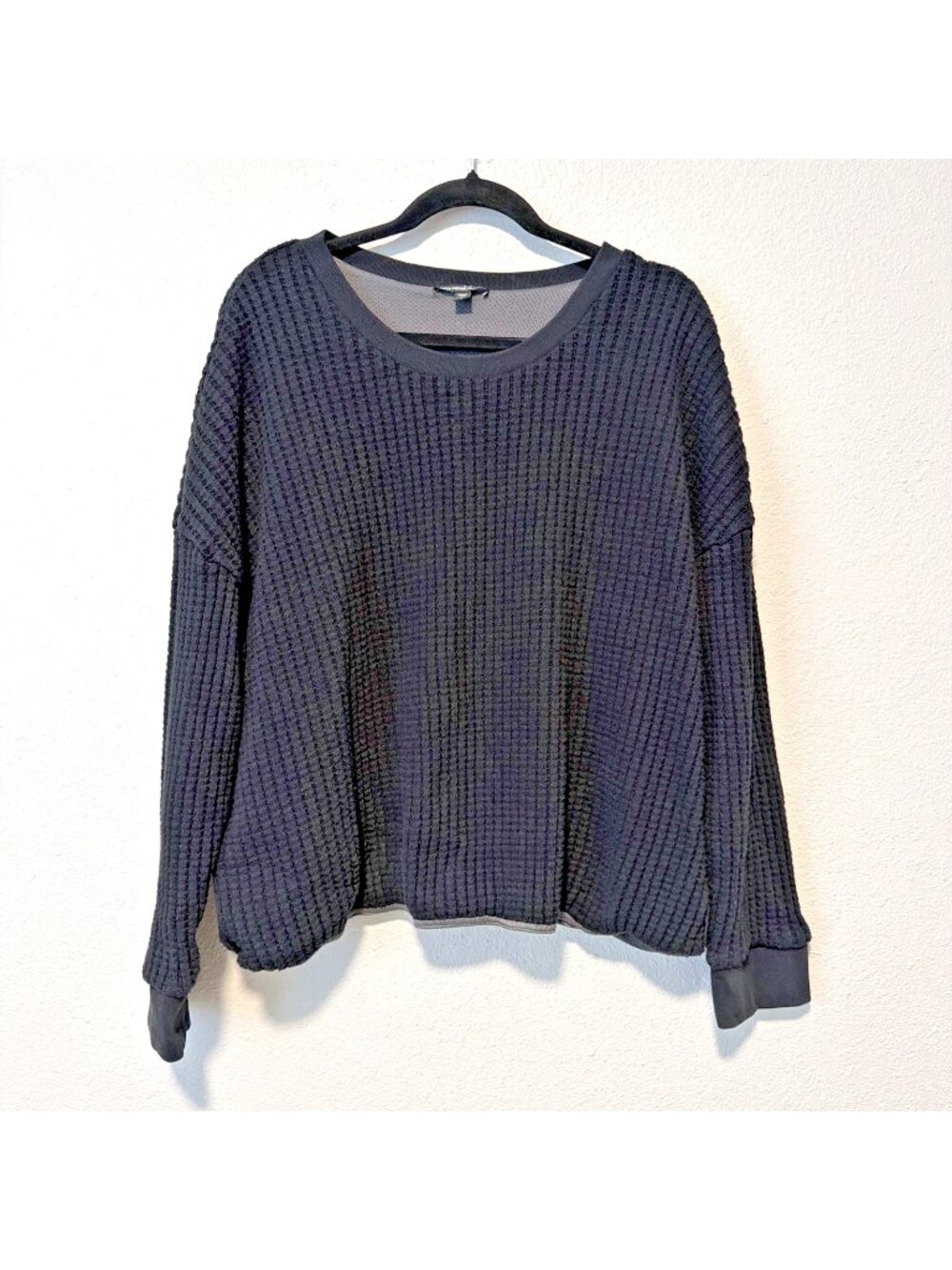 James Perse Waffle Knit Sweater Womens Size 3 Black Crewneck Relaxed Cotton